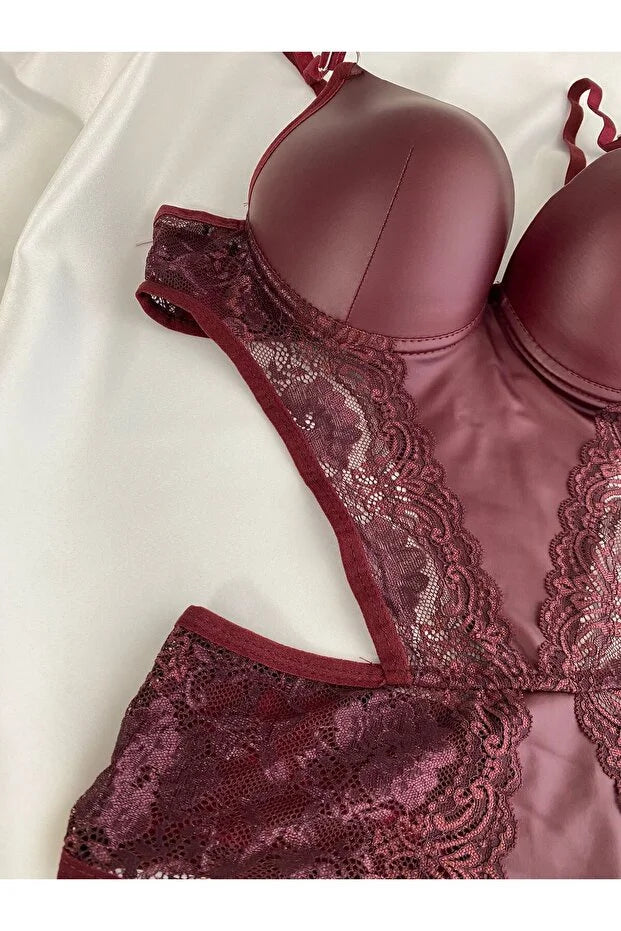 Kadın Dantelli Deri Bordo Transparan Çıtçıtlı Sütyenli Body Bodysuit Fantezi İç Çamaşır