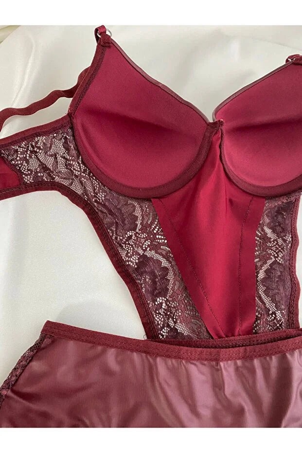 Kadın Dantelli Deri Bordo Transparan Çıtçıtlı Sütyenli Body Bodysuit Fantezi İç Çamaşır