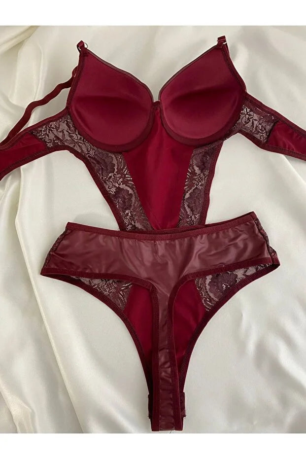 Kadın Dantelli Deri Bordo Transparan Çıtçıtlı Sütyenli Body Bodysuit Fantezi İç Çamaşır