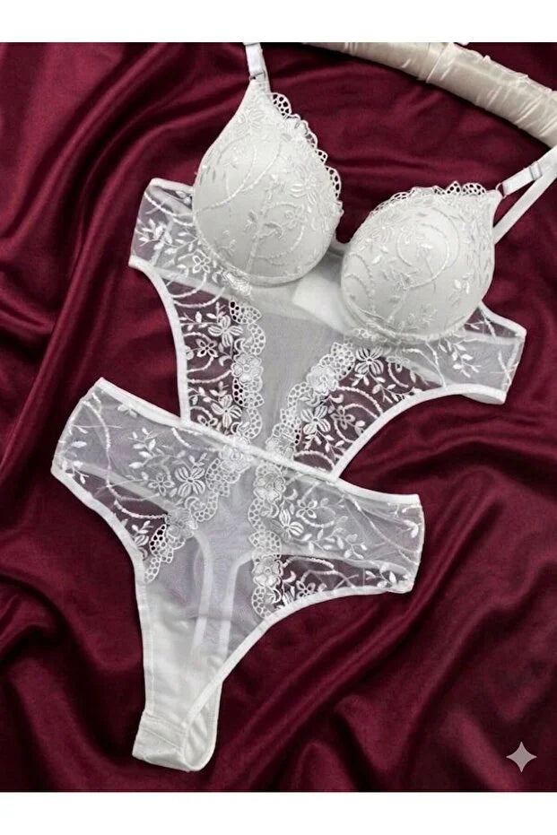 Kadın Beyaz Dantelli Destekli Transparan Çıtçıtlı Sütyenli Body Bodysuit Fantezi İç Çamaşır