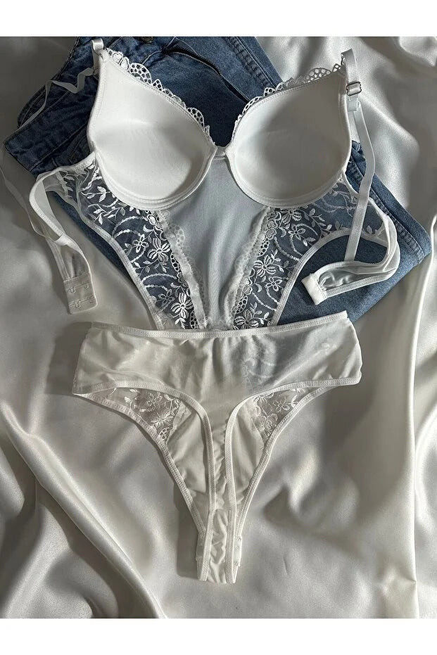 Kadın Beyaz Dantelli Destekli Transparan Çıtçıtlı Sütyenli Body Bodysuit Fantezi İç Çamaşır