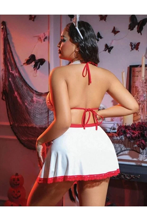 Fantezi Kostümü 3 Parça Mini Etekli Kadın Role Play Gecelik Takımı Beyaz-Kırmızı