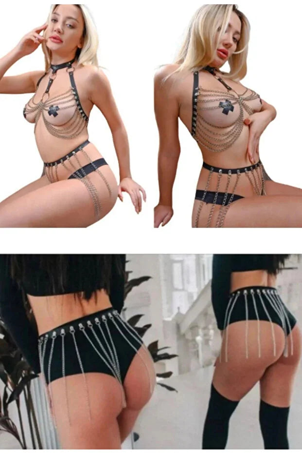 Siyah Çok Seksi Fantezi Deri Zincirli Harnes Takım