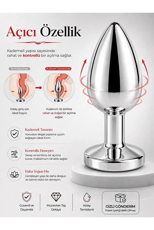 Paslanmaz Çelik Gümüş Metal Kırmızı Lüks Mücevher Taşlı 7 Cm Anal Açıcı Genişletici Plug Ve Tıkaç