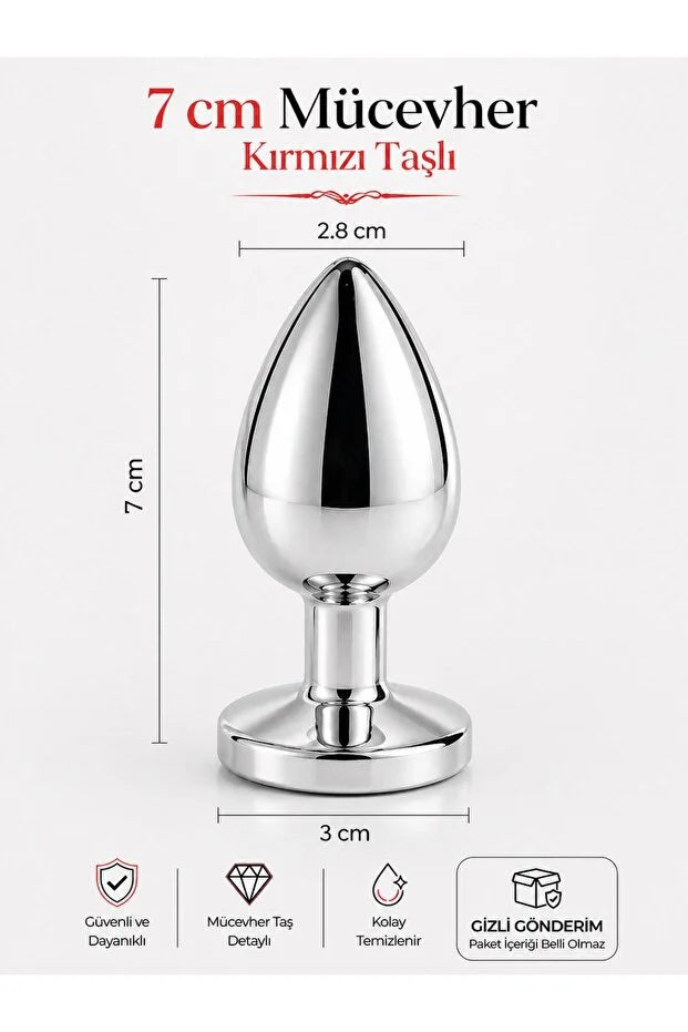 Paslanmaz Çelik Gümüş Metal Kırmızı Lüks Mücevher Taşlı 7 Cm Anal Açıcı Genişletici Plug Ve Tıkaç