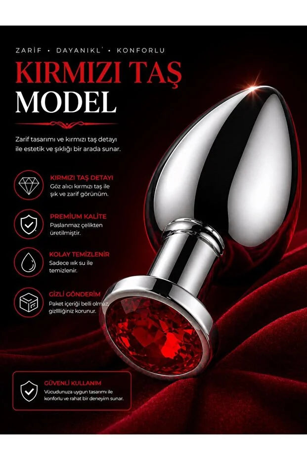 Paslanmaz Çelik Gümüş Metal Kırmızı Lüks Mücevher Taşlı 7 Cm Anal Açıcı Genişletici Plug Ve Tıkaç