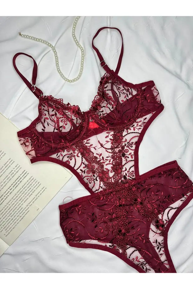 Bordo  Çiçekli Balenli Kapsız Transparan Bodysuit
