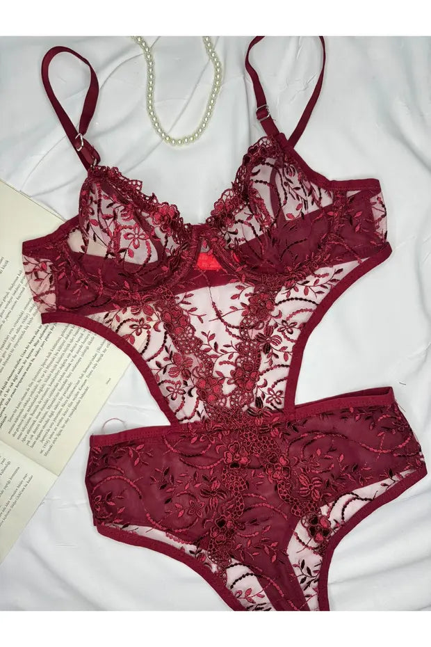 Bordo  Çiçekli Balenli Kapsız Transparan Bodysuit