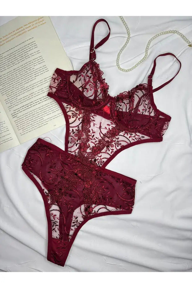 Bordo  Çiçekli Balenli Kapsız Transparan Bodysuit
