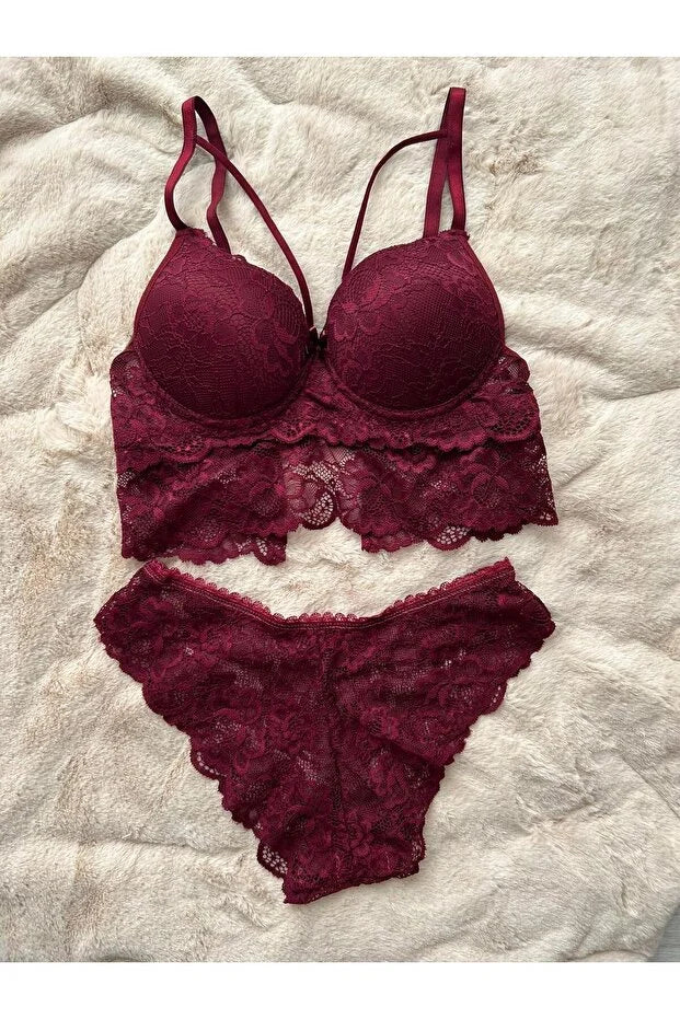 ÖZEL SERİ İPEKSİ DOKUNUŞ Bordo Dolgulu Dantelli Bralet Sütyen Takımı