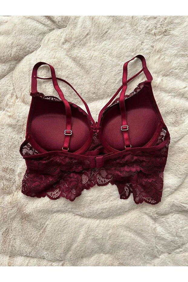 ÖZEL SERİ İPEKSİ DOKUNUŞ Bordo Dolgulu Dantelli Bralet Sütyen Takımı