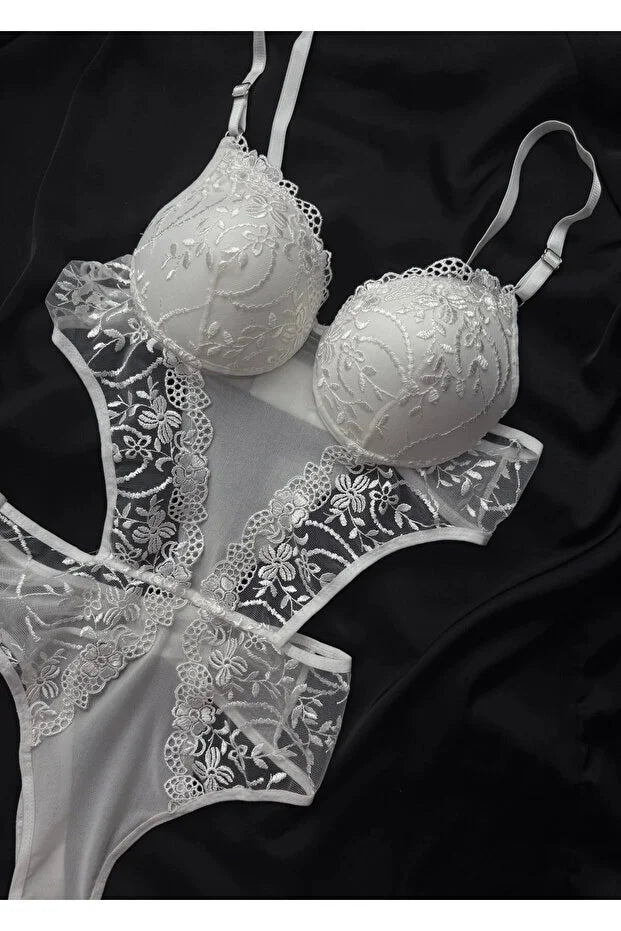 Kadın Beyaz Dantelli Destekli Transparan Çıtçıtlı Sütyenli Body Bodysuit Fantezi İç Çamaşır