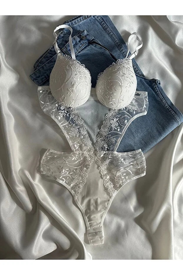 Kadın Beyaz Dantelli Destekli Transparan Çıtçıtlı Sütyenli Body Bodysuit Fantezi İç Çamaşır