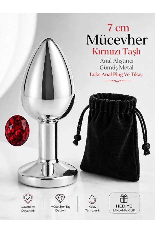 Paslanmaz Çelik Gümüş Metal Kırmızı Lüks Mücevher Taşlı 7 Cm Anal Açıcı Genişletici Plug Ve Tıkaç