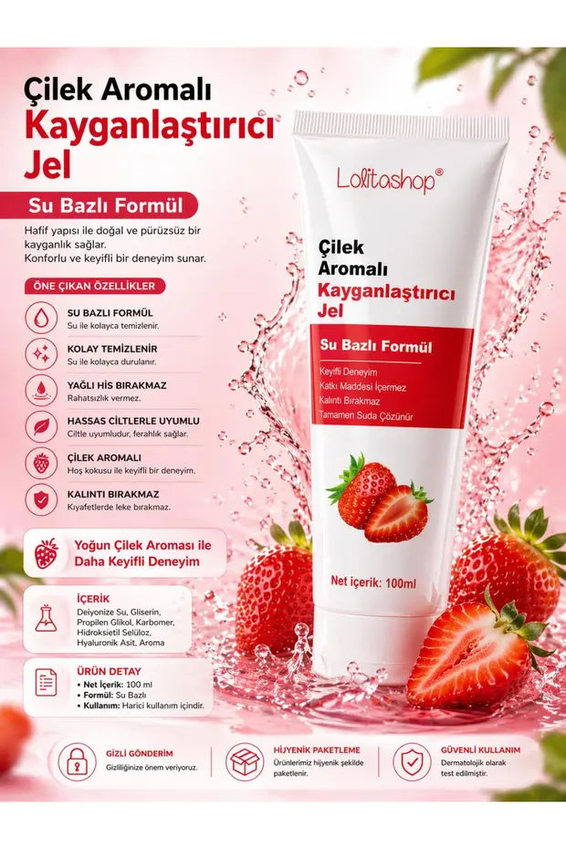 Çilekli Su Bazlı Ekstra Kayganlaştırıcı Jel 100 ML Yenilebilir Çilek Hazzı Aromalı Jel