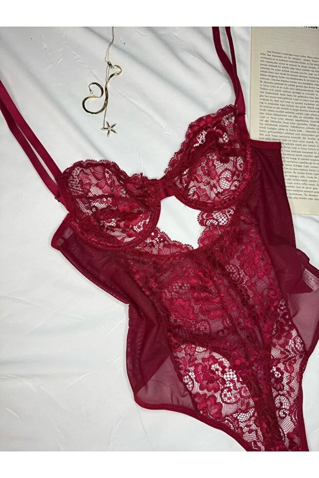 Bordo Dantelli Balenli Kapsız Transparan Alttan Çıtçıtlı Bodysuit