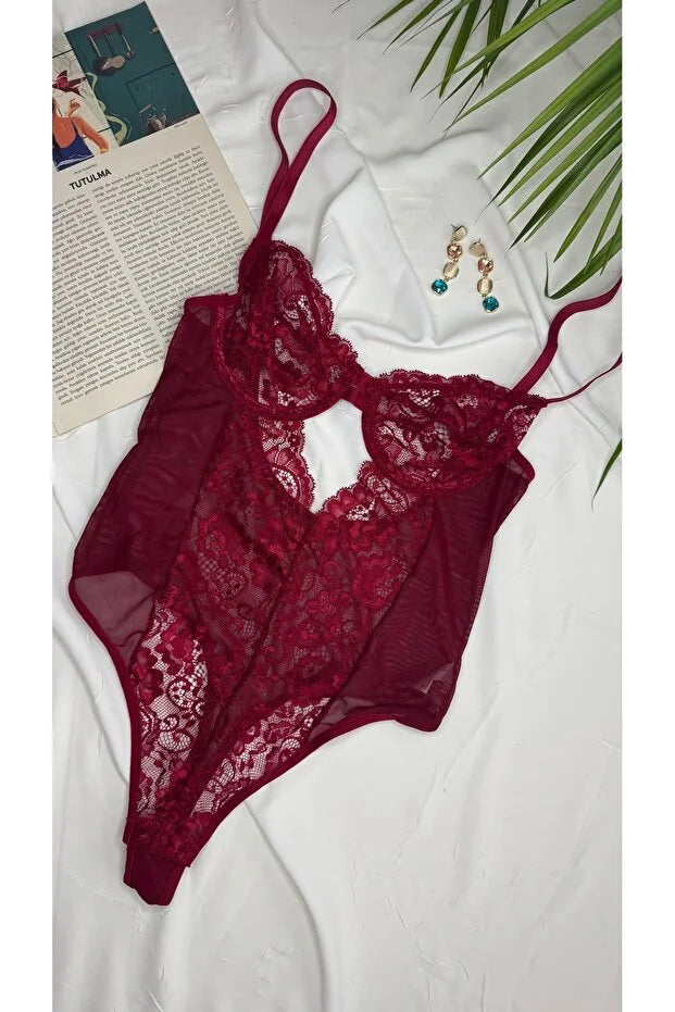 Bordo Dantelli Balenli Kapsız Transparan Alttan Çıtçıtlı Bodysuit