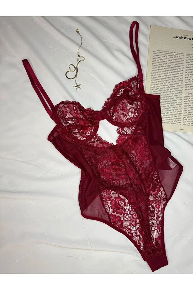Bordo Dantelli Balenli Kapsız Transparan Alttan Çıtçıtlı Bodysuit