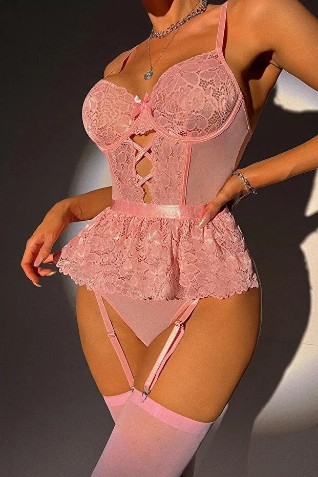 For Dreams Kadın Pembe Dantel Desenli Büstiyerli Jartiyer Takım
