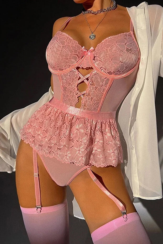 For Dreams Kadın Pembe Dantel Desenli Büstiyerli Jartiyer Takım