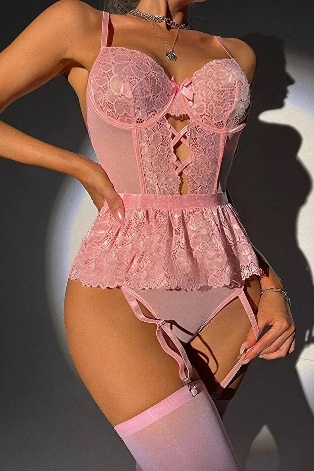 For Dreams Kadın Pembe Dantel Desenli Büstiyerli Jartiyer Takım
