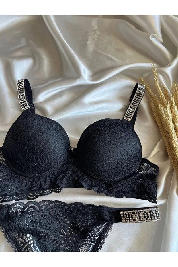 MODELLİFE Dantelli Lastiği Taşlı Balenli Destekli Dolgulu Push Up Siyah Sütyen Ve String Iç Çamaşırı Takımı