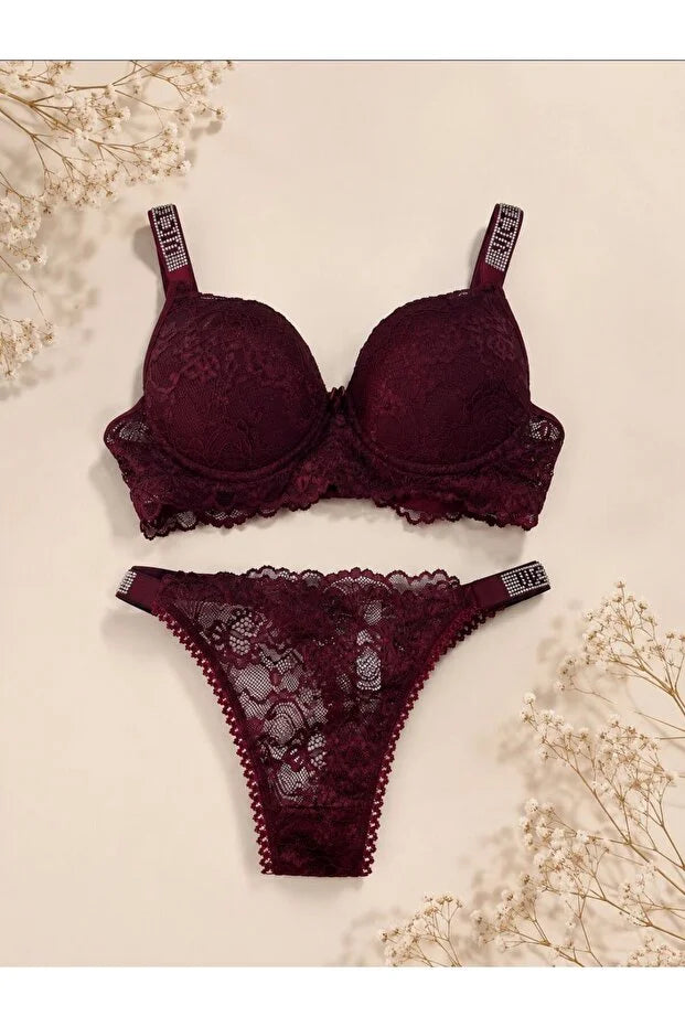 MODELLİFE BORDO TAŞLI DANTELLİ PUSH UP DESTEKLİ DOLGULU İÇ ÇAMAŞIRI TAKIMI