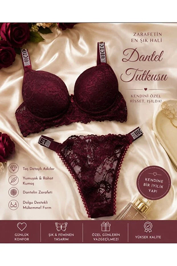 MODELLİFE BORDO TAŞLI DANTELLİ PUSH UP DESTEKLİ DOLGULU İÇ ÇAMAŞIRI TAKIMI