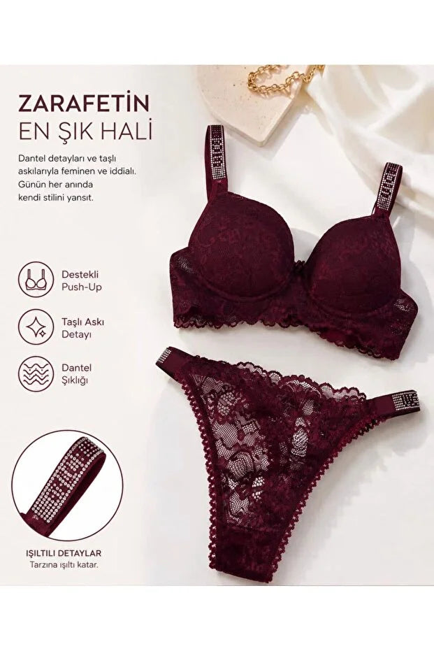 MODELLİFE BORDO TAŞLI DANTELLİ PUSH UP DESTEKLİ DOLGULU İÇ ÇAMAŞIRI TAKIMI