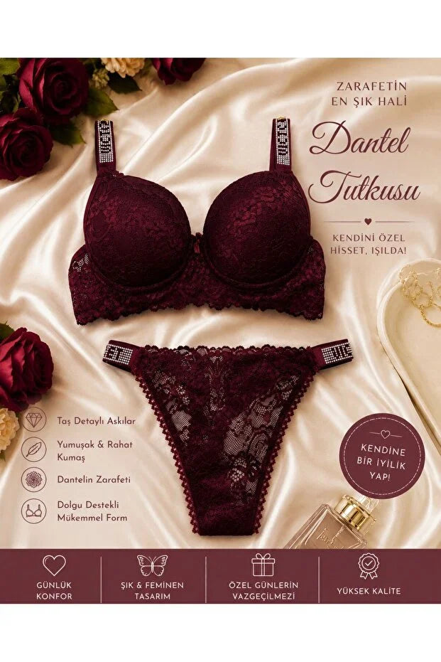 MODELLİFE BORDO TAŞLI DANTELLİ PUSH UP DESTEKLİ DOLGULU İÇ ÇAMAŞIRI TAKIMI
