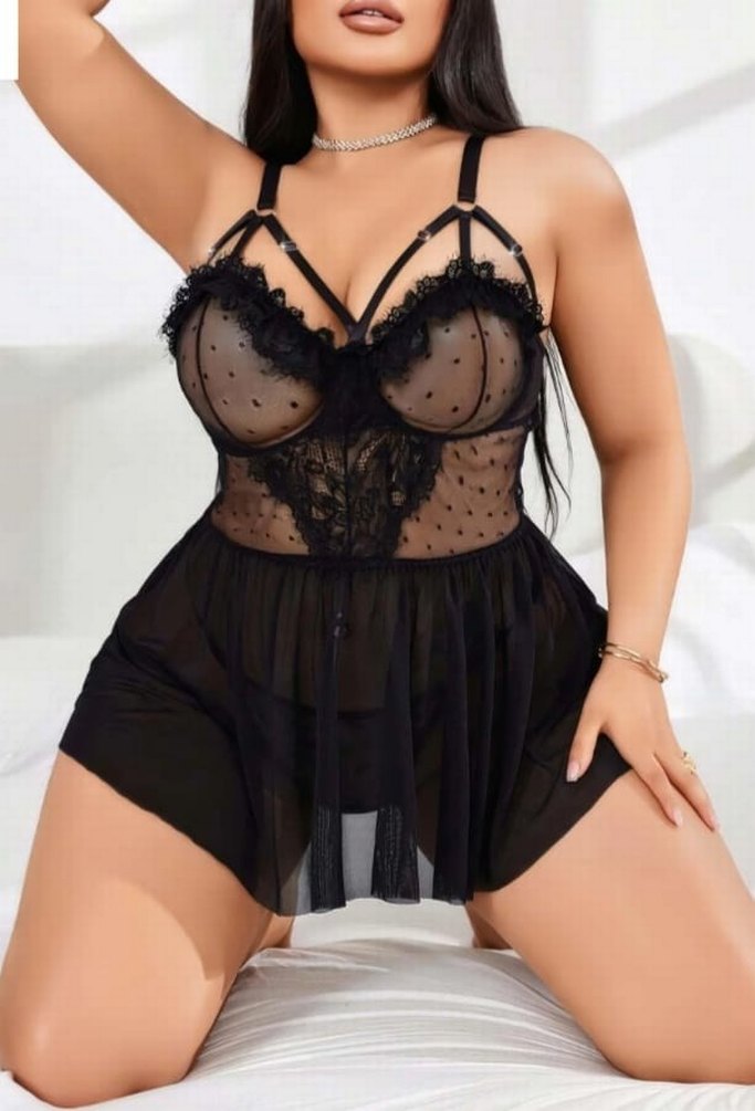 Kadın Nakışlı Siyah Gotik İp Askılı Büyük Beden Tüllü Transparan Fantezi Gecelik
